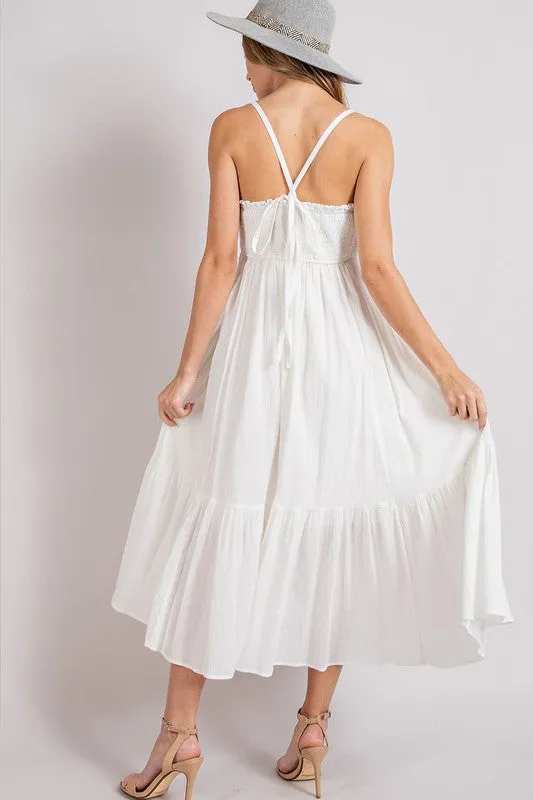 White Smocked Tiered Midi Dress