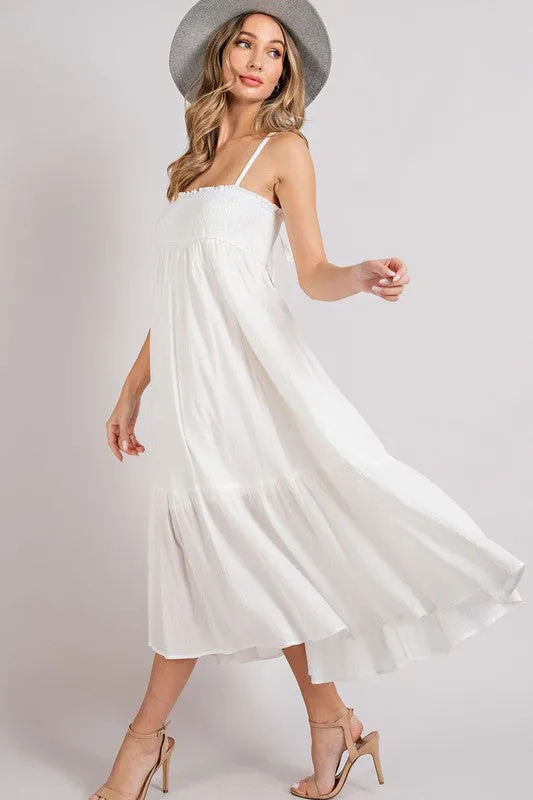 White Smocked Tiered Midi Dress