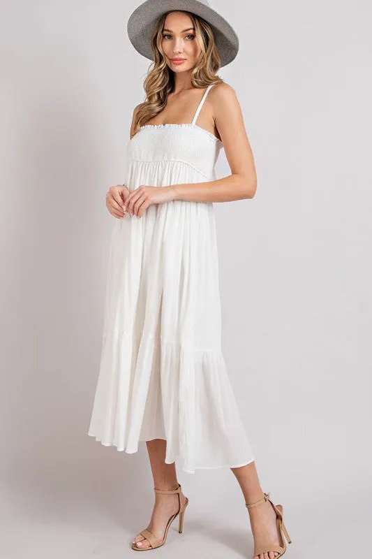 White Smocked Tiered Midi Dress