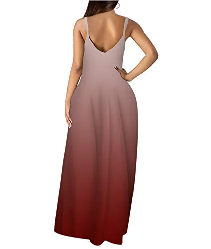 Wolddress Womens Casual Sleeveless Plus Size Loose Floral Print Long Maxi Dress with Pockets Gradient-Red M