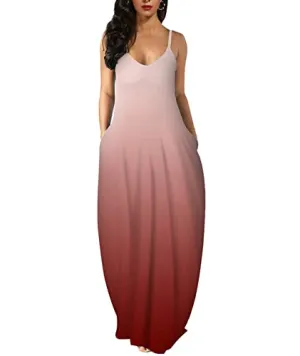 Wolddress Womens Casual Sleeveless Plus Size Loose Floral Print Long Maxi Dress with Pockets Gradient-Red M