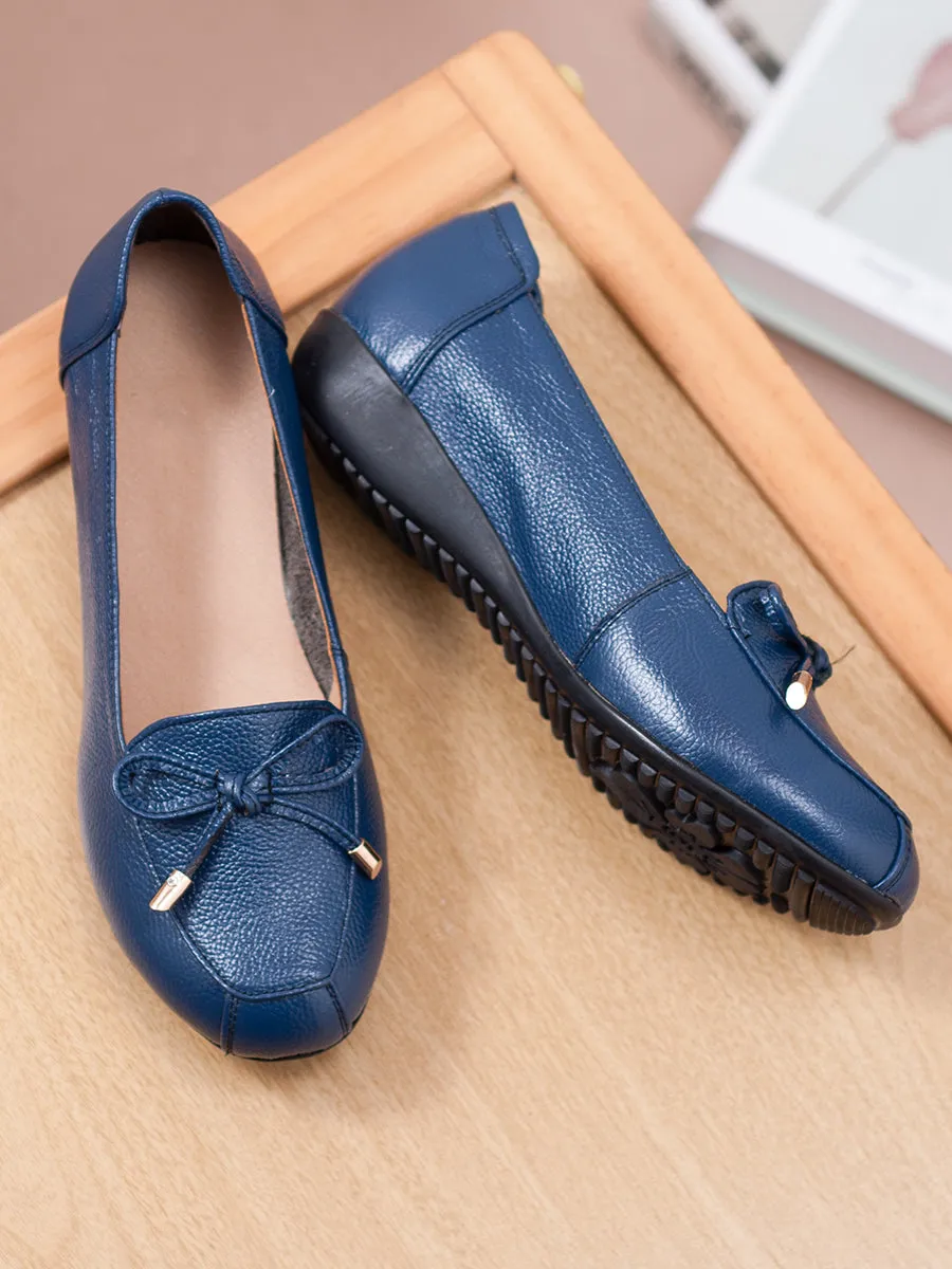 Women Comfortable Leather Slip-On Flats Shoes with Bow and Non-Slip Sole
