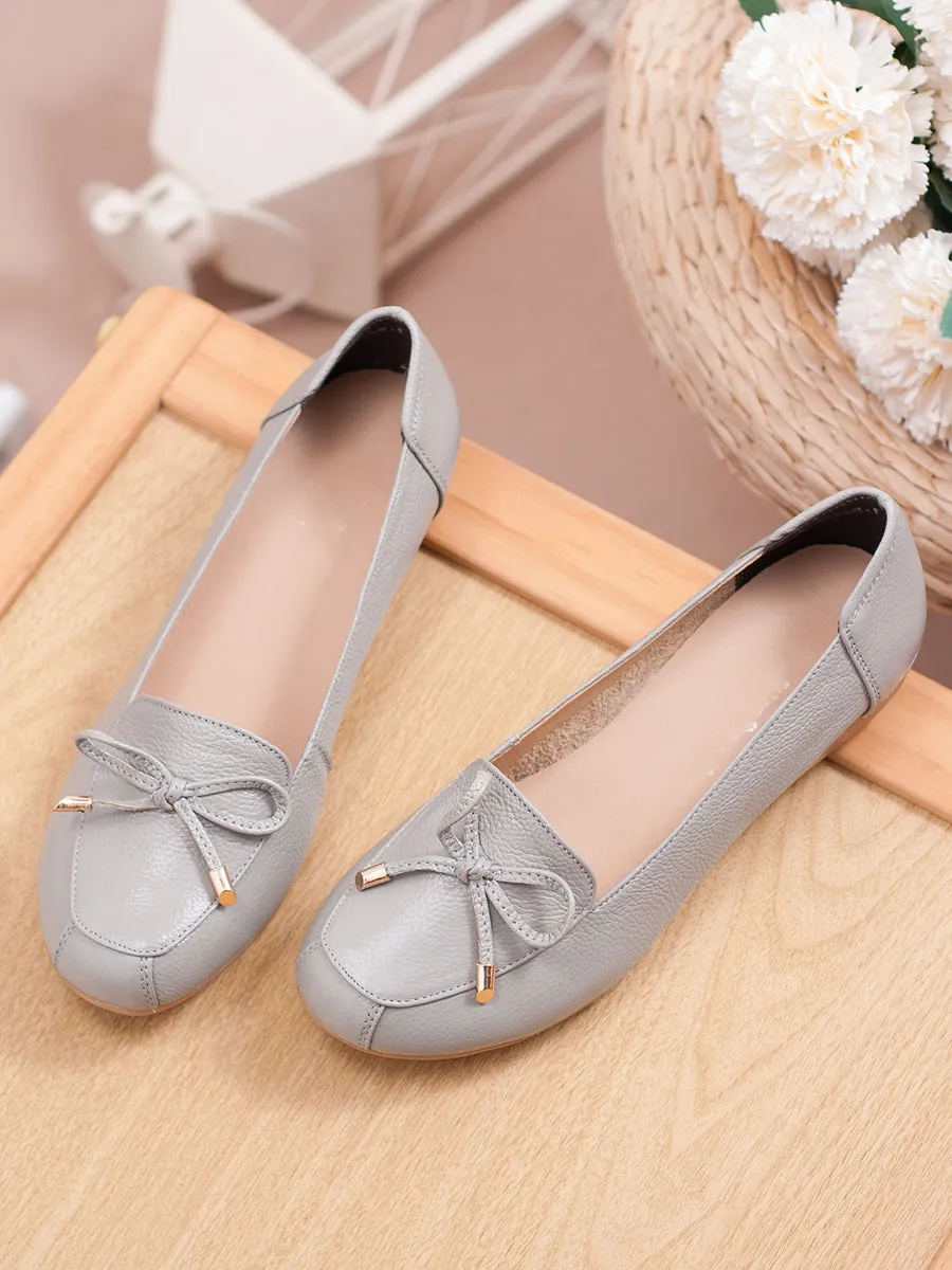 Women Comfortable Leather Slip-On Flats Shoes with Bow and Non-Slip Sole
