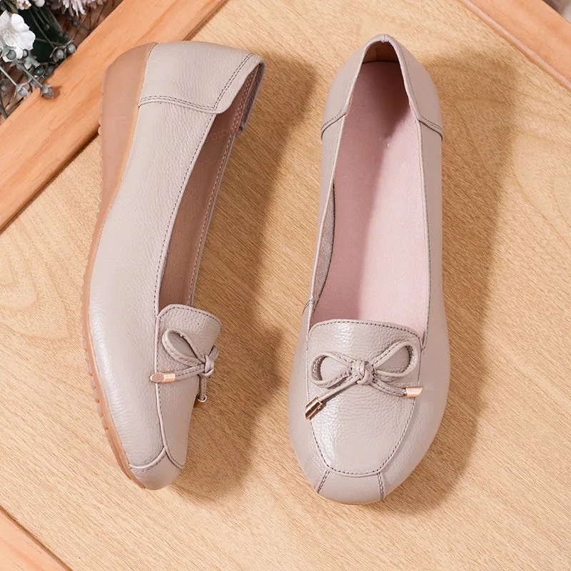 Women Comfortable Leather Slip-On Flats Shoes with Bow and Non-Slip Sole
