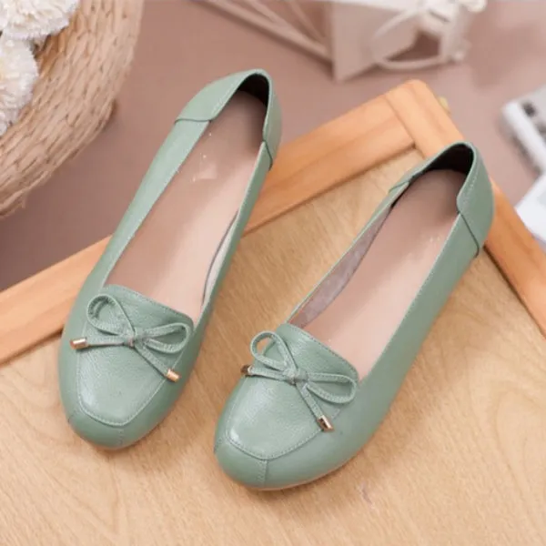 Women Comfortable Leather Slip-On Flats Shoes with Bow and Non-Slip Sole