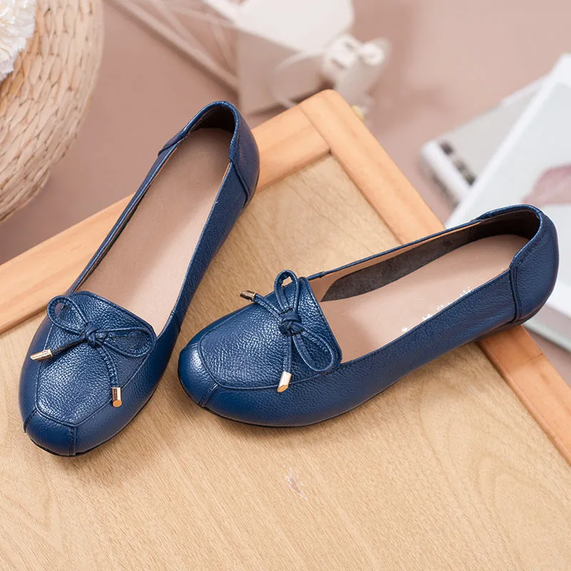 Women Comfortable Leather Slip-On Flats Shoes with Bow and Non-Slip Sole
