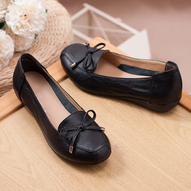 Women Comfortable Leather Slip-On Flats Shoes with Bow and Non-Slip Sole