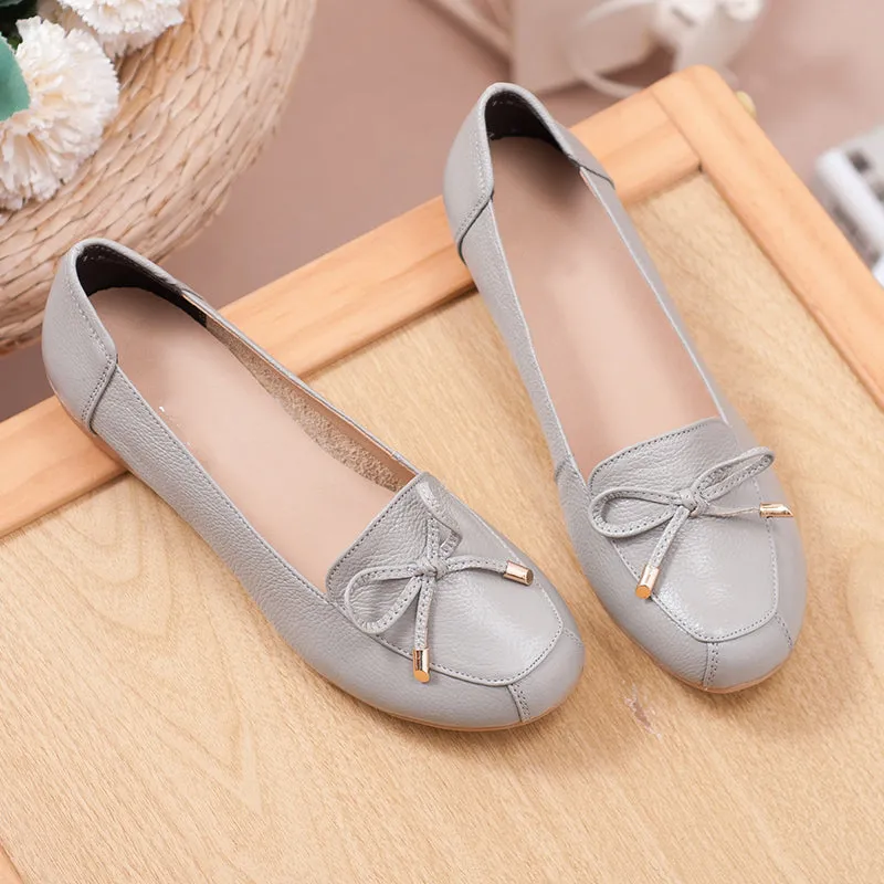 Women Comfortable Leather Slip-On Flats Shoes with Bow and Non-Slip Sole