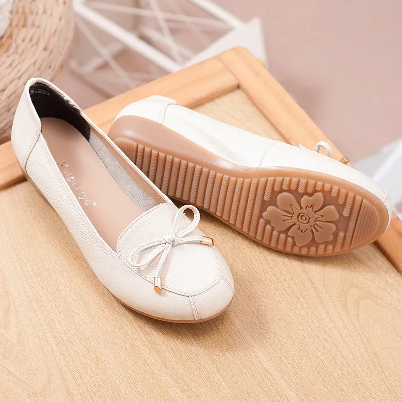 Women Comfortable Leather Slip-On Flats Shoes with Bow and Non-Slip Sole