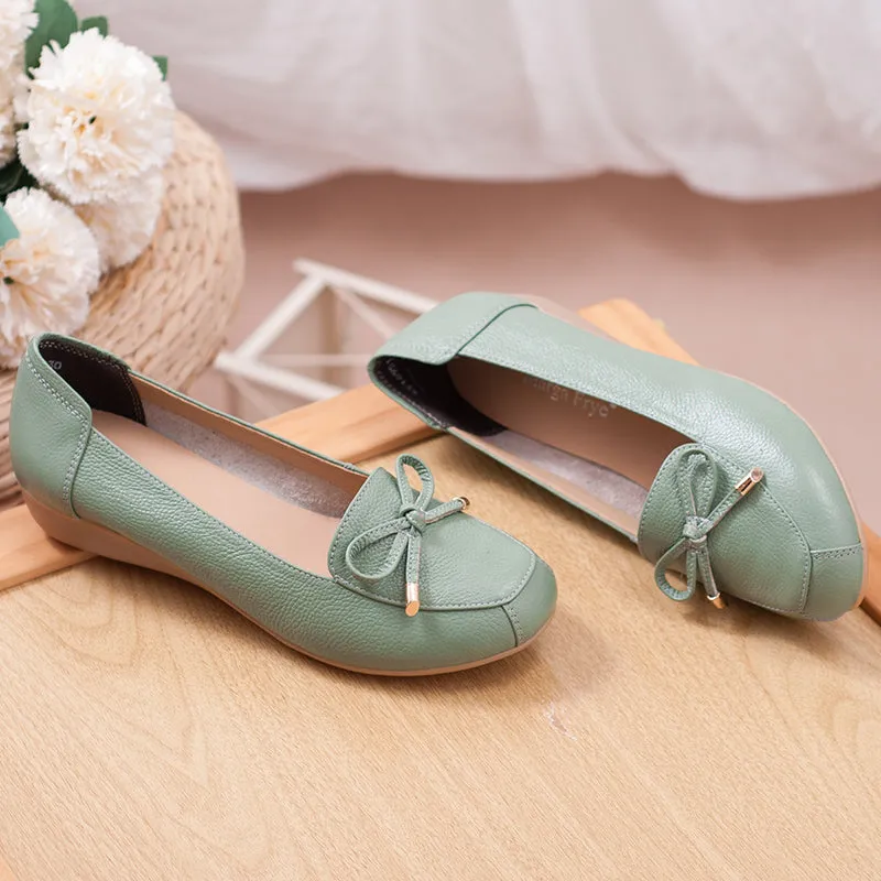 Women Comfortable Leather Slip-On Flats Shoes with Bow and Non-Slip Sole
