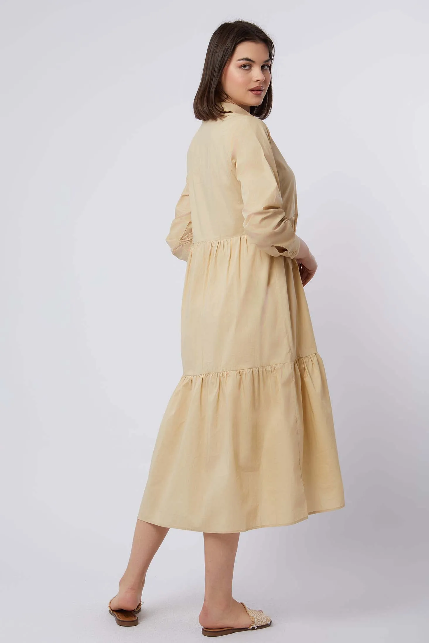 Women Dress Cotton Long Sleeves Beige