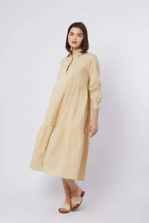 Women Dress Cotton Long Sleeves Beige