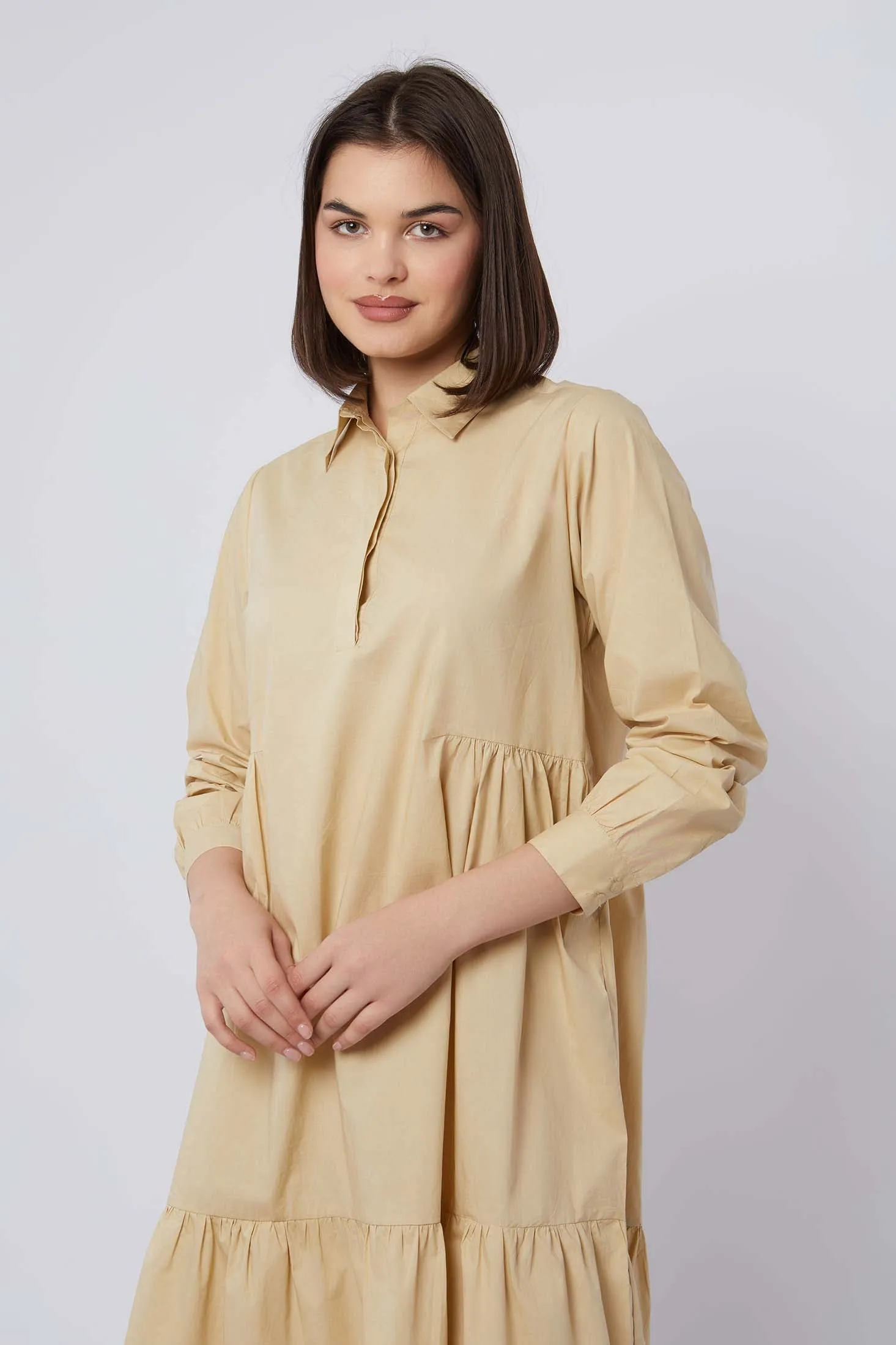 Women Dress Cotton Long Sleeves Beige