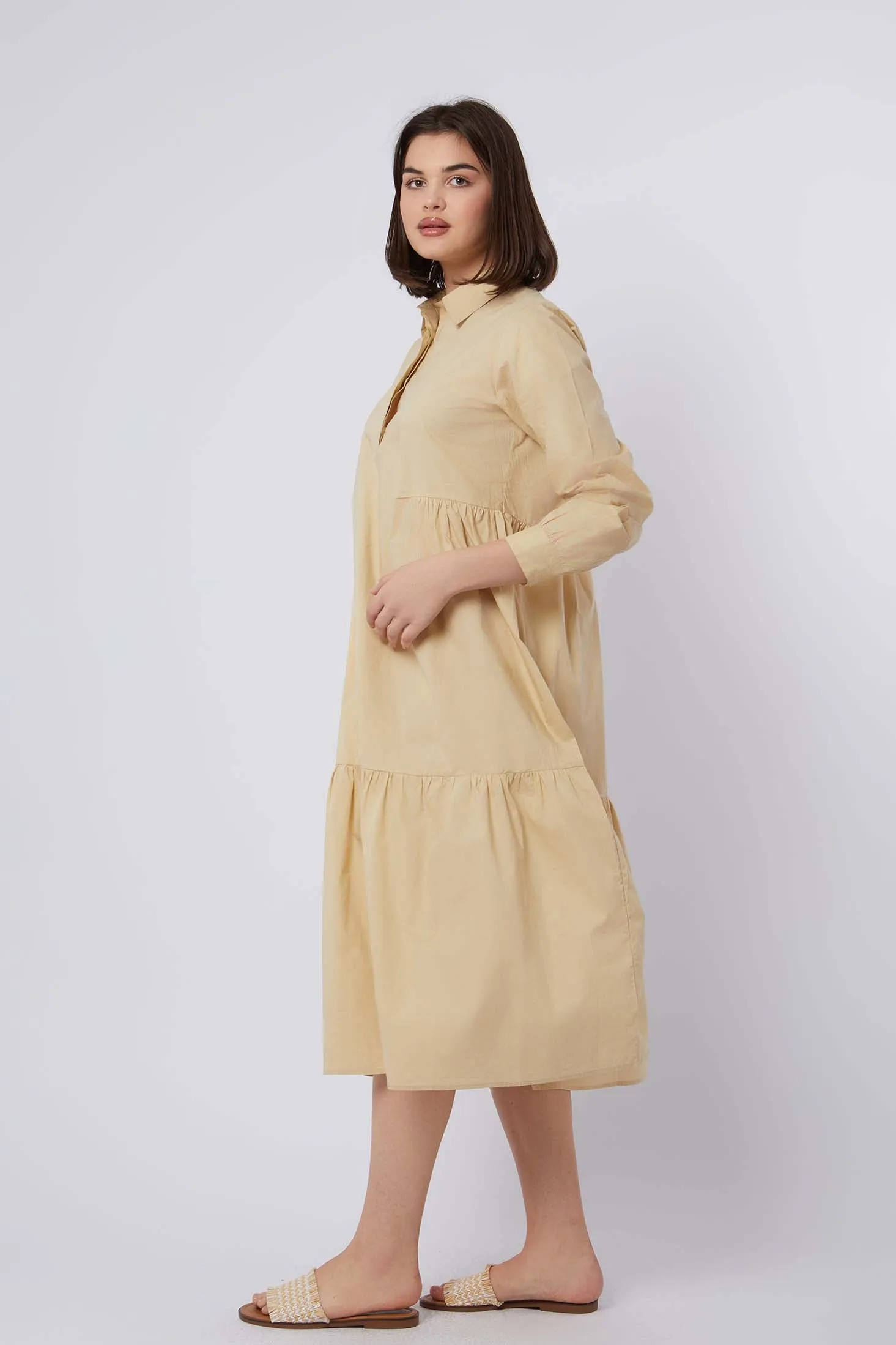 Women Dress Cotton Long Sleeves Beige