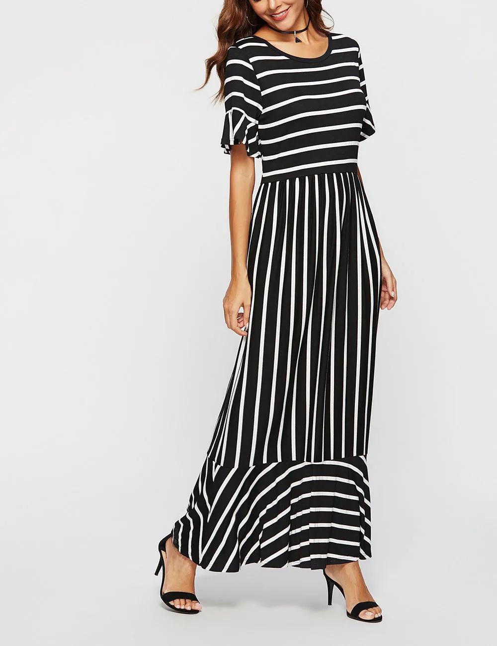 Women Fashion Short Sleeve Striped Dress