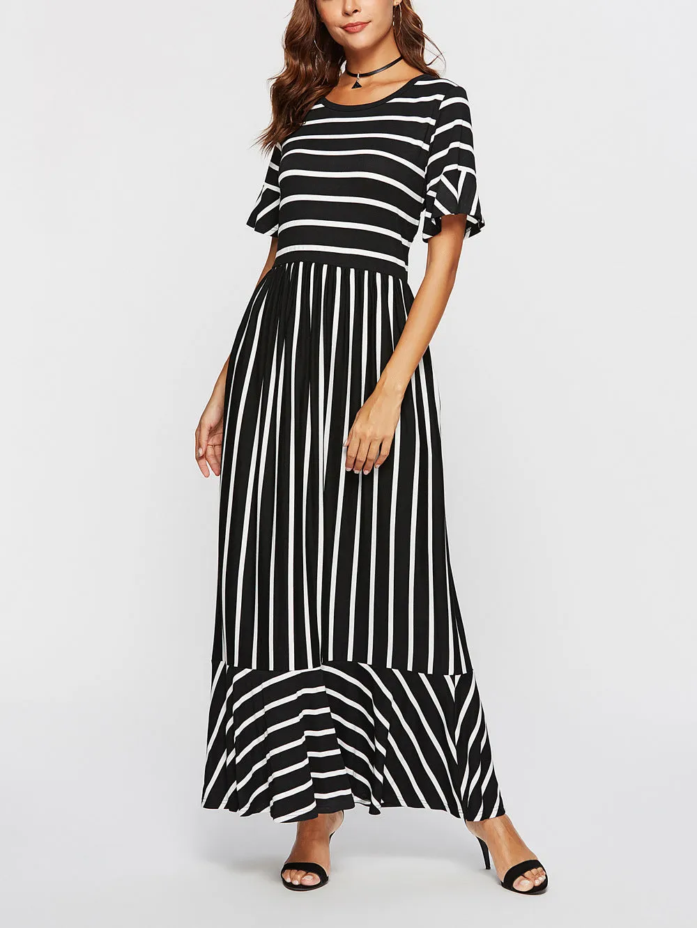 Women Fashion Short Sleeve Striped Dress