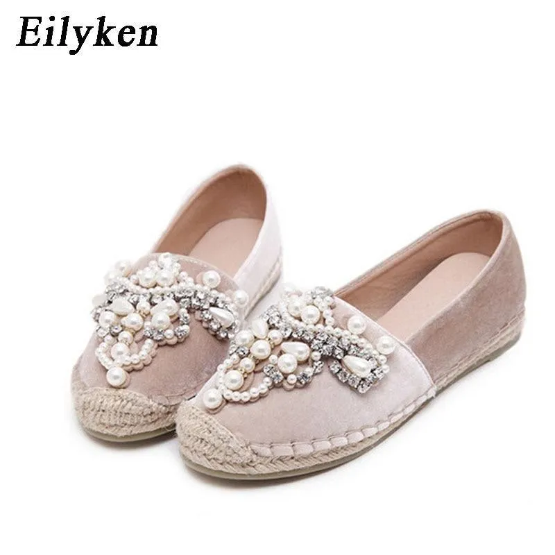 Women Loafer Round Toe espadrilles Pearl Comfortable Hemp Bottom Women Flats Shoes
