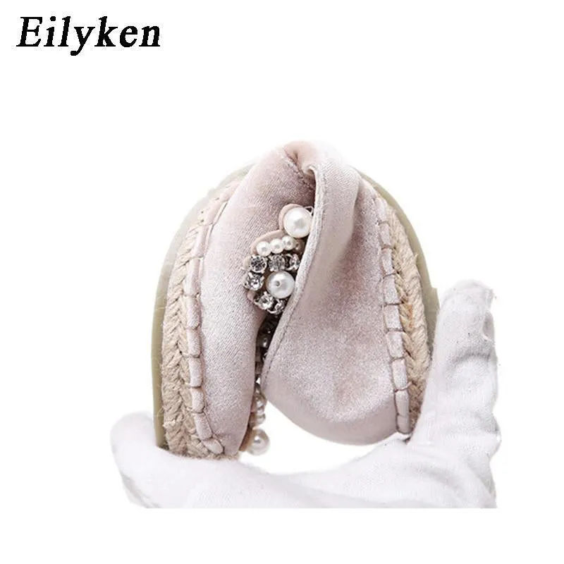 Women Loafer Round Toe espadrilles Pearl Comfortable Hemp Bottom Women Flats Shoes