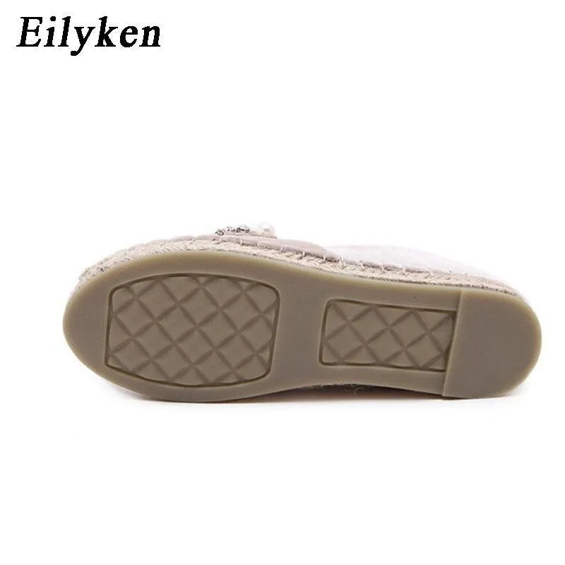 Women Loafer Round Toe espadrilles Pearl Comfortable Hemp Bottom Women Flats Shoes