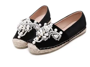 Women Loafer Round Toe espadrilles Pearl Comfortable Hemp Bottom Women Flats Shoes