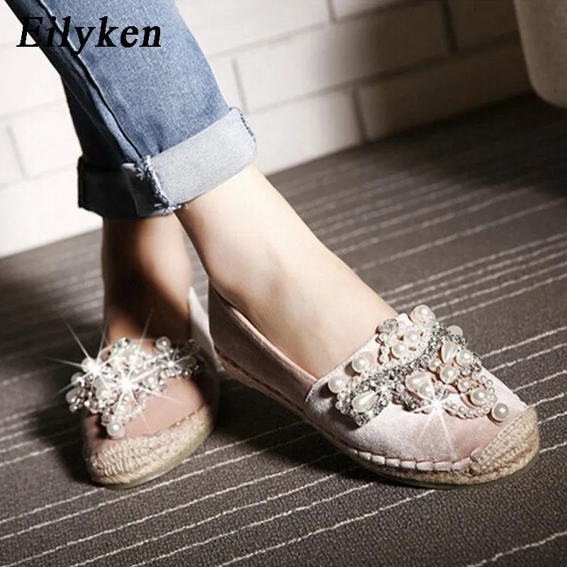 Women Loafer Round Toe espadrilles Pearl Comfortable Hemp Bottom Women Flats Shoes