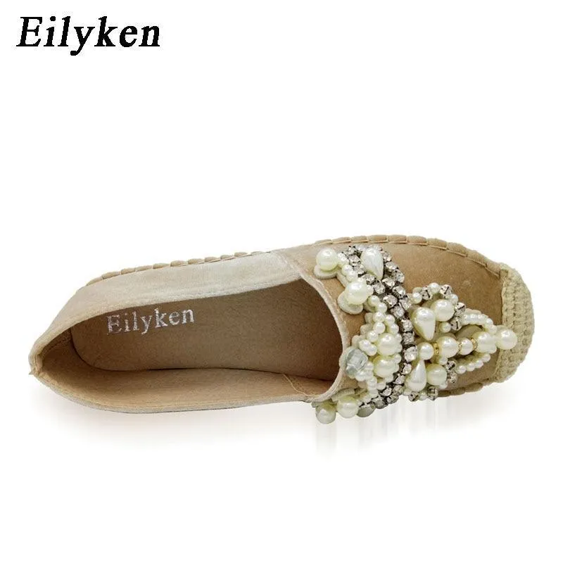 Women Loafer Round Toe espadrilles Pearl Comfortable Hemp Bottom Women Flats Shoes