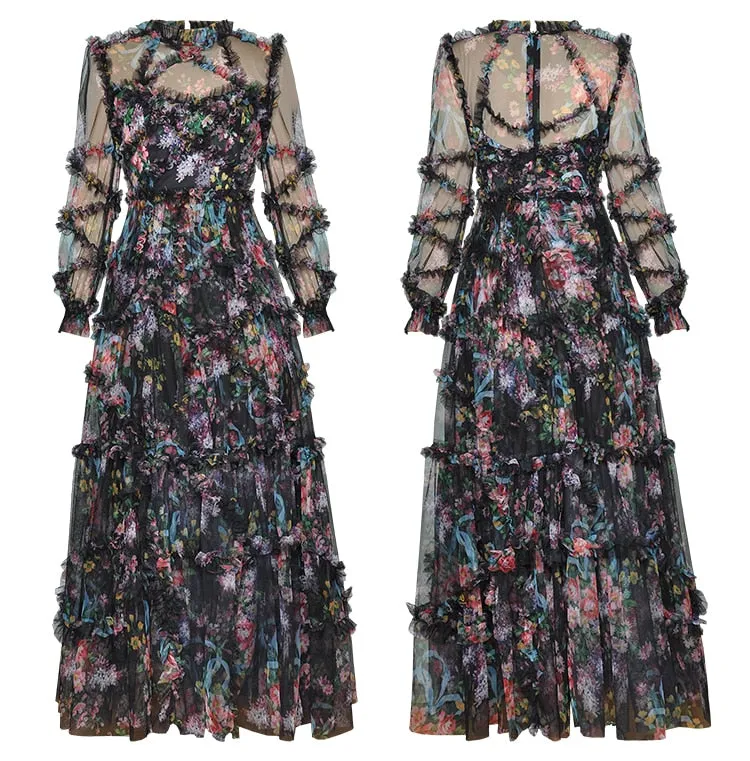 Women Long Sleeve Mesh Printed Ruffled  Slim Party Maxi Dress