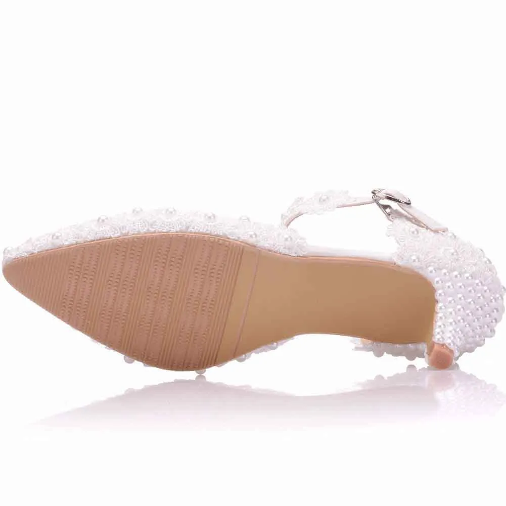 Women Low Heels Sandals White Lace Pearls Wedding Shoes Pointed Toe Bridal Shoes