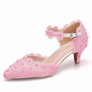 Women Low Heels Sandals White Lace Pearls Wedding Shoes Pointed Toe Bridal Shoes