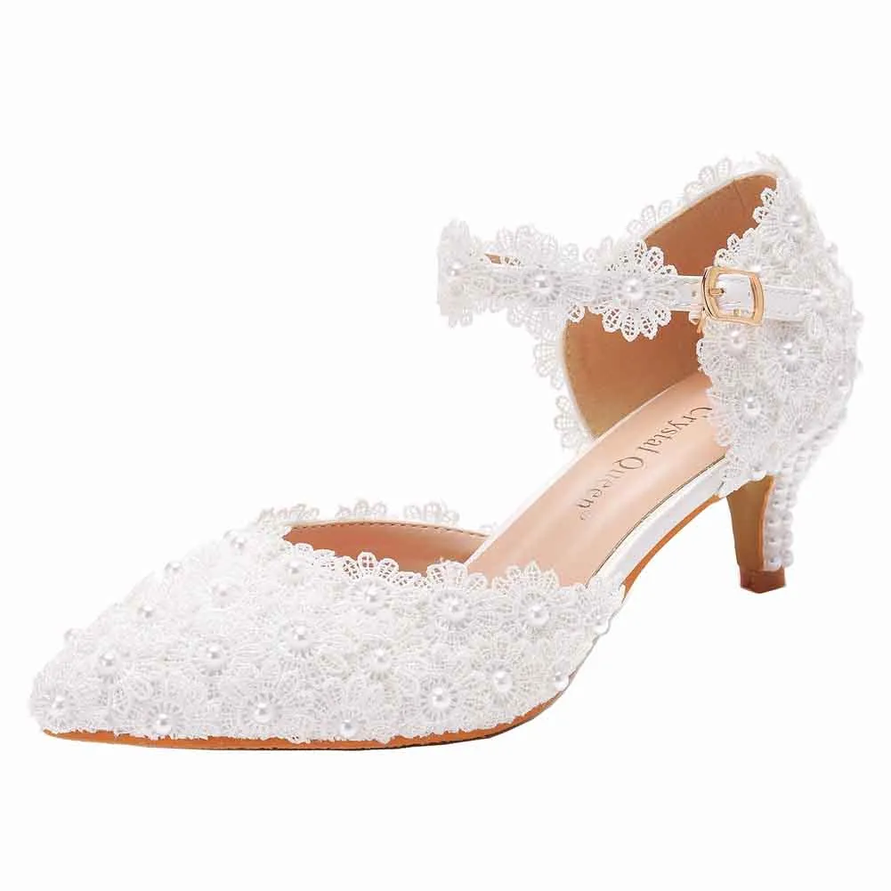 Women Low Heels Sandals White Lace Pearls Wedding Shoes Pointed Toe Bridal Shoes