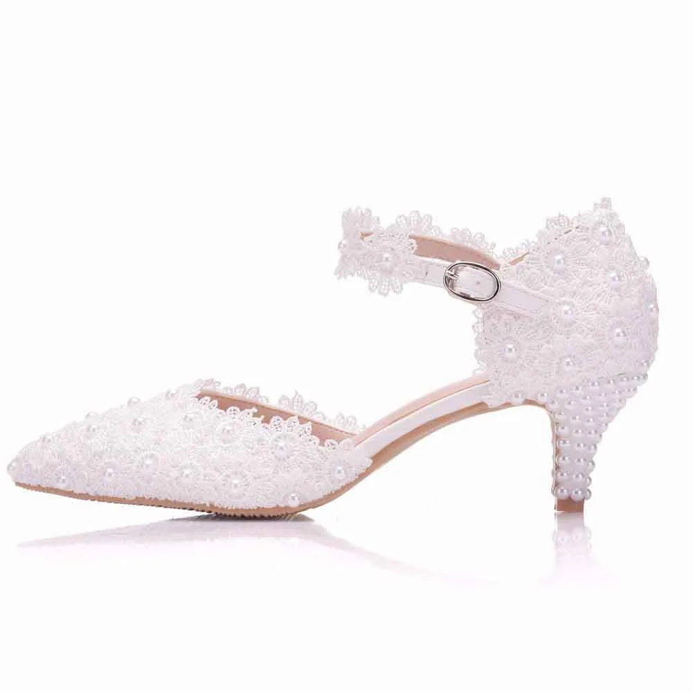 Women Low Heels Sandals White Lace Pearls Wedding Shoes Pointed Toe Bridal Shoes