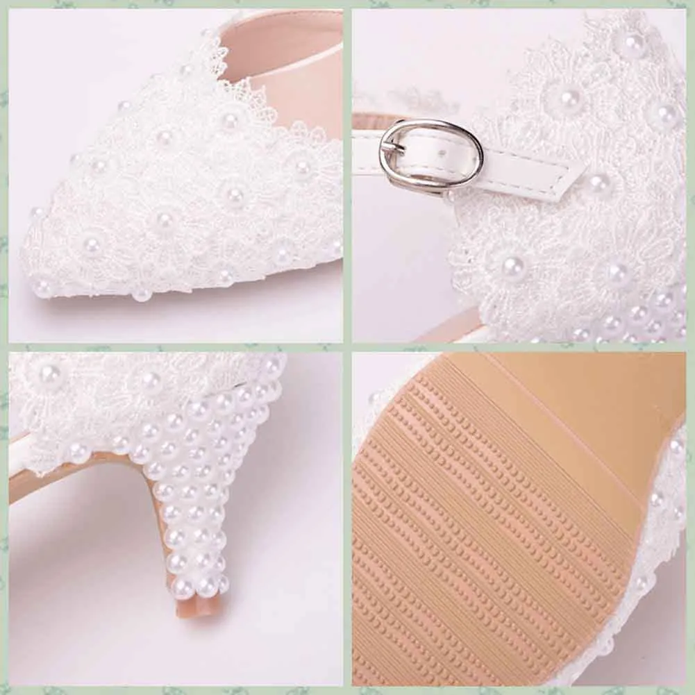 Women Low Heels Sandals White Lace Pearls Wedding Shoes Pointed Toe Bridal Shoes