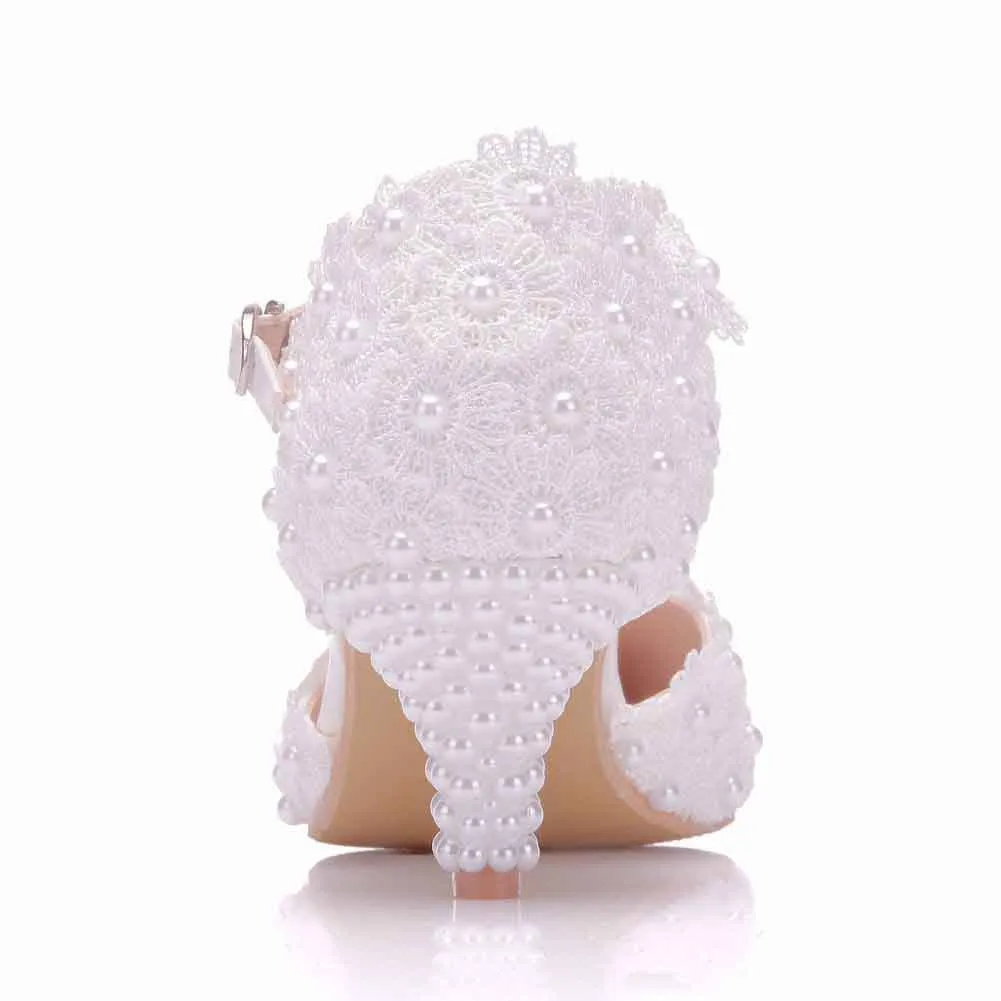 Women Low Heels Sandals White Lace Pearls Wedding Shoes Pointed Toe Bridal Shoes
