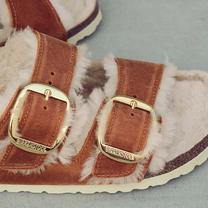 Women's Arizona Big Buckle Shearling Oiled Leather Sandals in Cognac