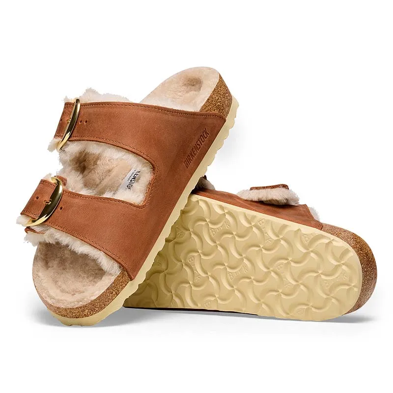 Women's Arizona Big Buckle Shearling Oiled Leather Sandals in Cognac