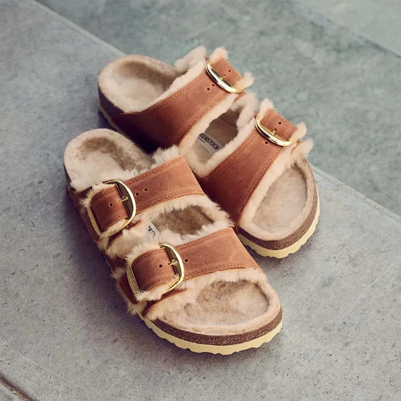 Women's Arizona Big Buckle Shearling Oiled Leather Sandals in Cognac