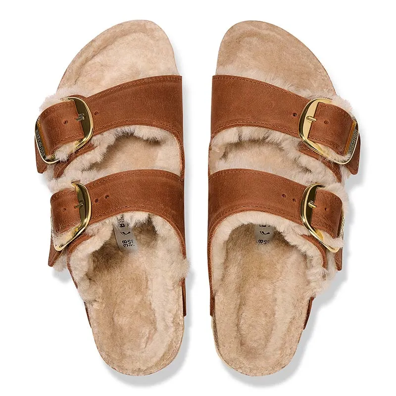 Women's Arizona Big Buckle Shearling Oiled Leather Sandals in Cognac