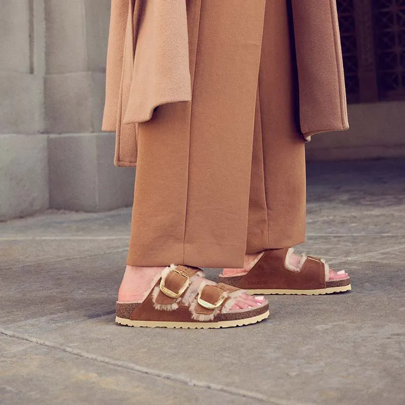 Women's Arizona Big Buckle Shearling Oiled Leather Sandals in Cognac