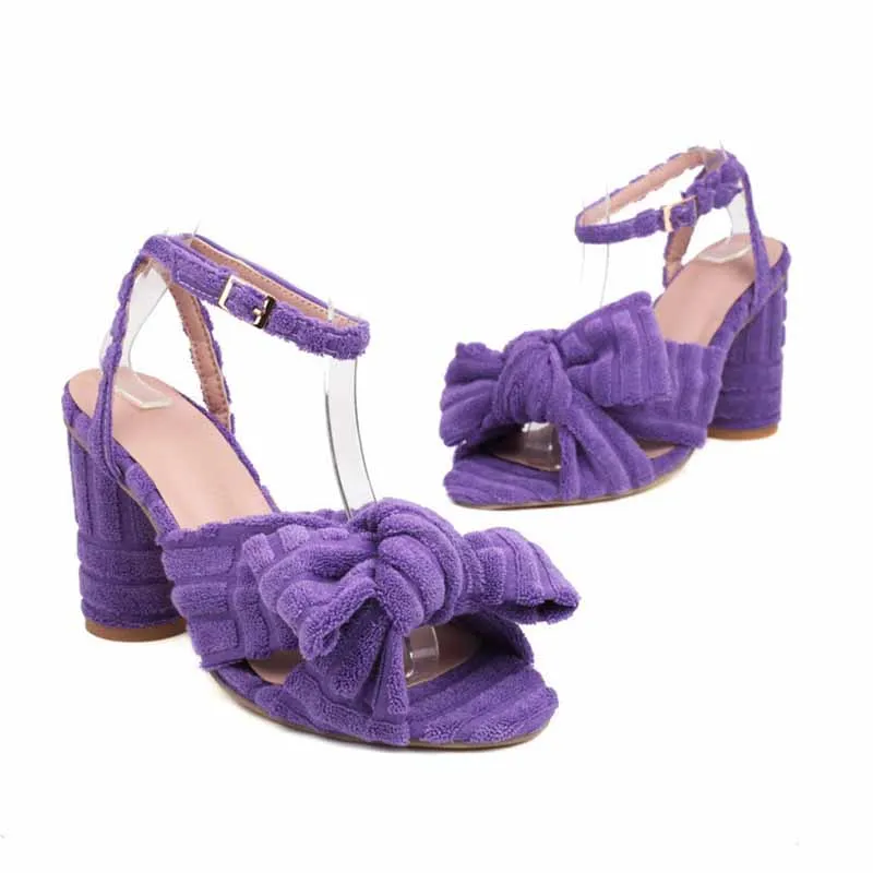 Women's Bow Knot Heeled Terry cloth Sandals Bridal Wedding Strap Chunky Heels
