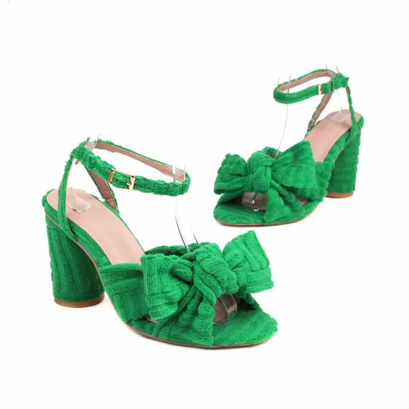 Women's Bow Knot Heeled Terry cloth Sandals Bridal Wedding Strap Chunky Heels