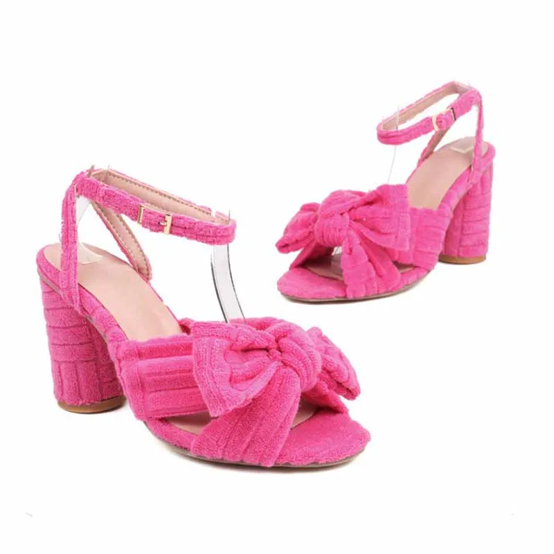 Women's Bow Knot Heeled Terry cloth Sandals Bridal Wedding Strap Chunky Heels