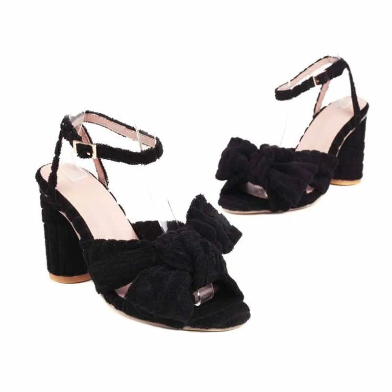 Women's Bow Knot Heeled Terry cloth Sandals Bridal Wedding Strap Chunky Heels