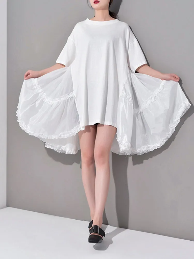 Women's Half Sleeve Pleated Split Joint Loose Dress Round Neck Over Sized Dress