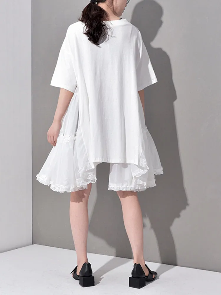 Women's Half Sleeve Pleated Split Joint Loose Dress Round Neck Over Sized Dress