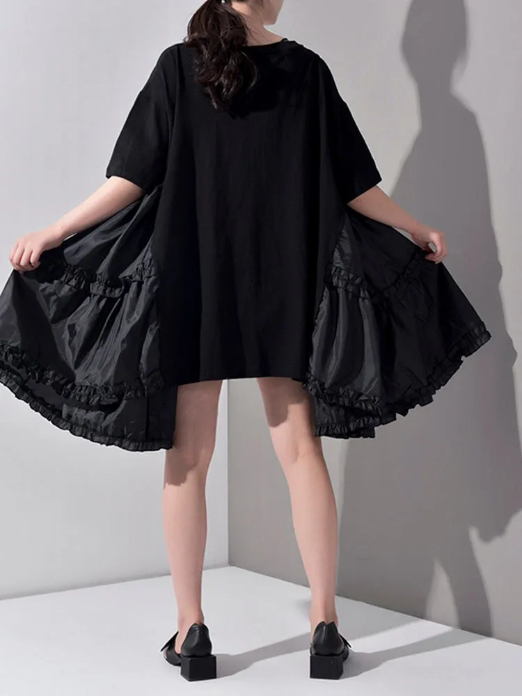 Women's Half Sleeve Pleated Split Joint Loose Dress Round Neck Over Sized Dress