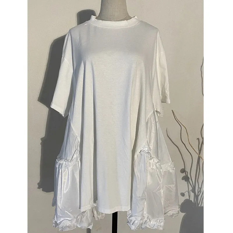 Women's Half Sleeve Pleated Split Joint Loose Dress Round Neck Over Sized Dress