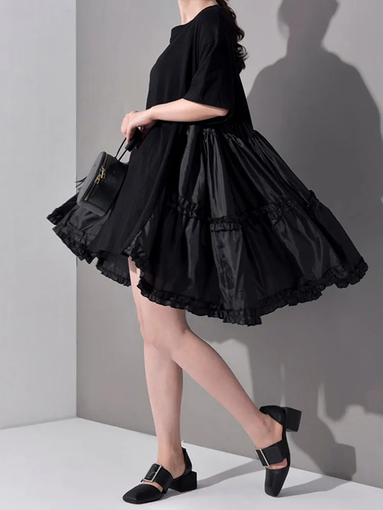 Women's Half Sleeve Pleated Split Joint Loose Dress Round Neck Over Sized Dress