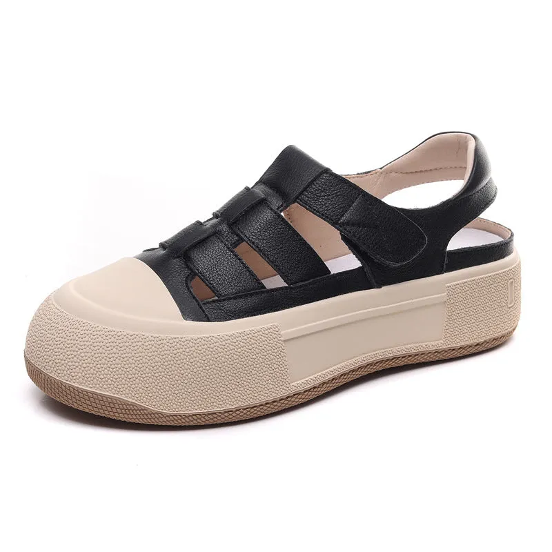 Women's Leather Sports Sandals Velcro Flat Roman Shoes