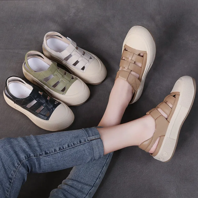Women's Leather Sports Sandals Velcro Flat Roman Shoes