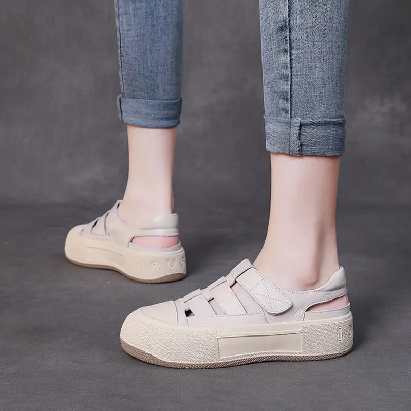 Women's Leather Sports Sandals Velcro Flat Roman Shoes